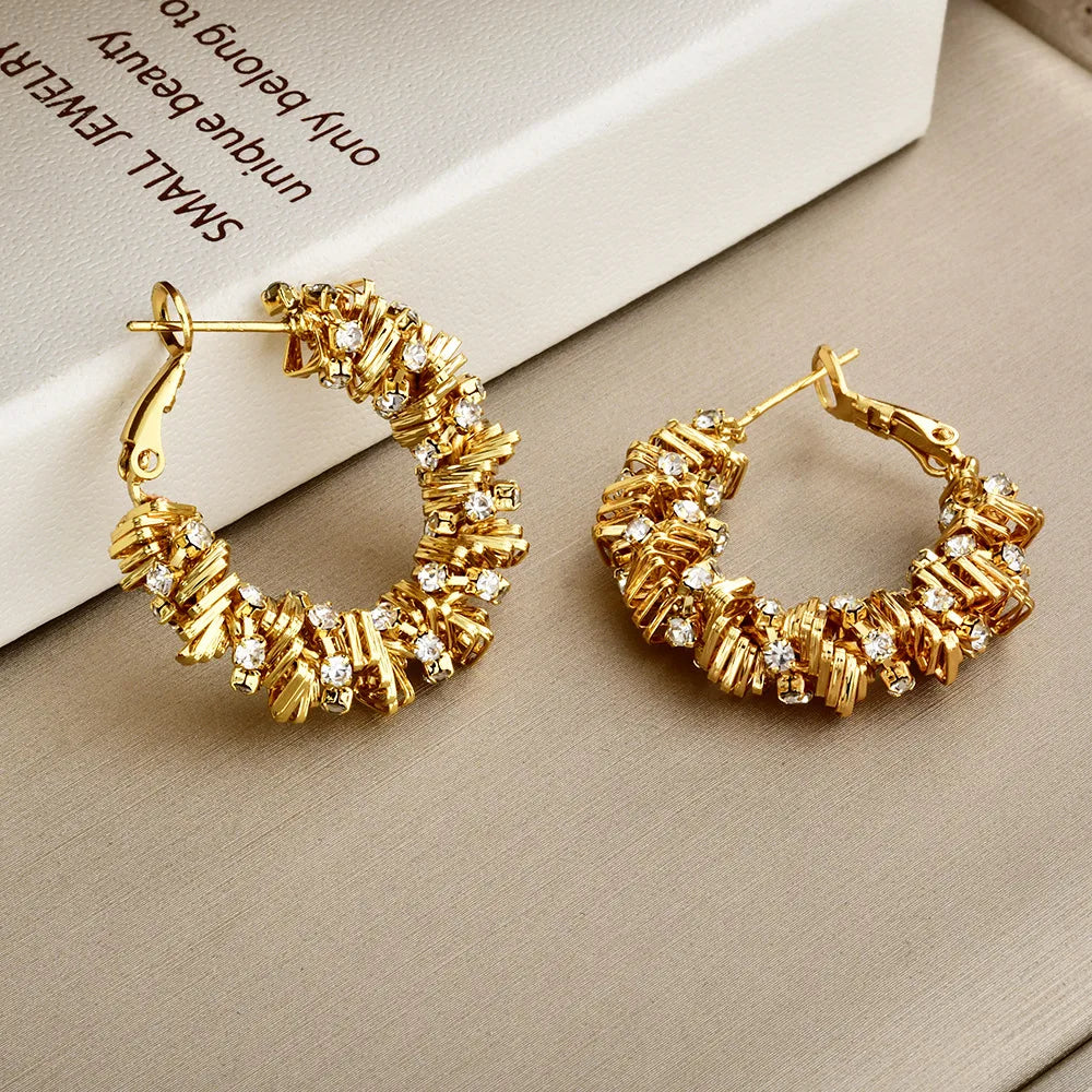 Irregular Woven Gold Zirconium-inlaid Earrings Copper Plated Light Luxury Earrings Classic Fashion Personalized Ear Accessory