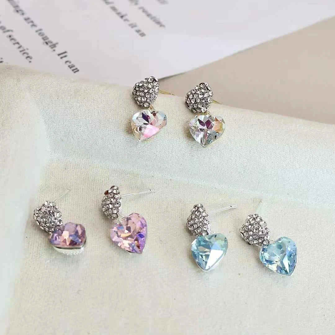 Glitter Heart Shaped Rhinestone Elegant Stud Earrings for Girls Sweet Cute Trendy Stylish Jewelry for Women Ladies Accessories