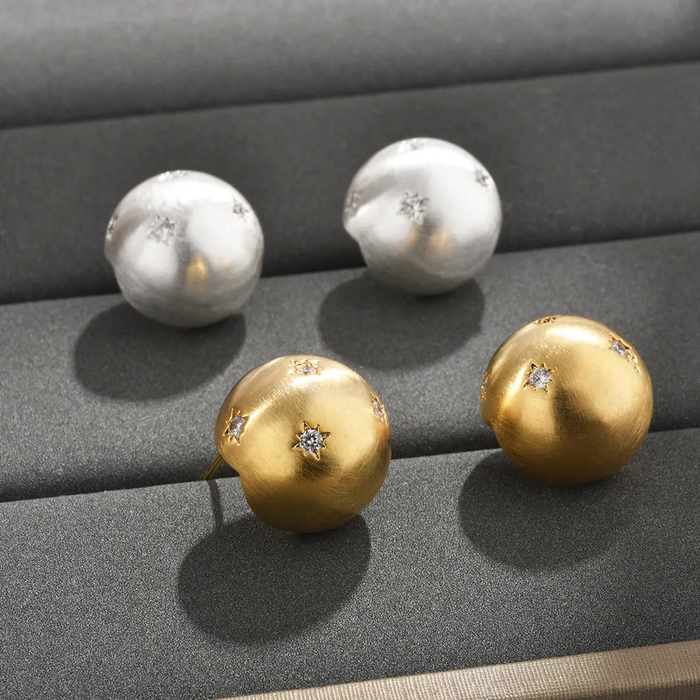 Geometric Spherical Brushed Hexagonal Star Stud Earrings with Zircon Simple Light Luxury High-end Niche style Earrings Women