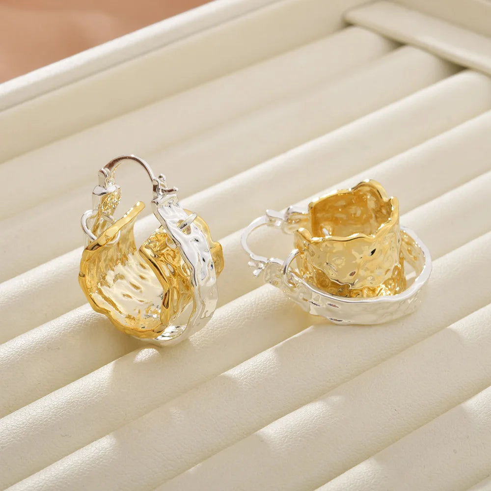 Metal Hammered Hoop Earrings Gold Silver Plated Irregular Wavy Double Layer Chunky Statement Jewelry Women Accessories Wholesale