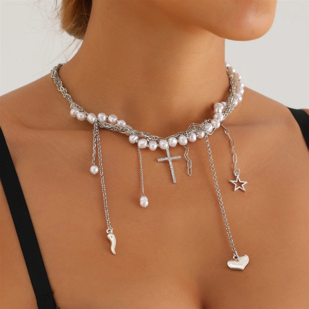 Fashion Imitation Pearl Tassel Heart Star Cross Necklaces for Girls Gothic Sweet Spicy Jewelry for Women Ladies Accessories