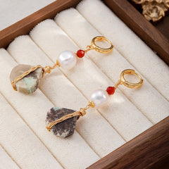 Women Red Agate Baroque Pearl Diamond Shaped Cut Orchid Bead Hoop Earring Fashion Charms in Stock Jewelry for Female Daily Use