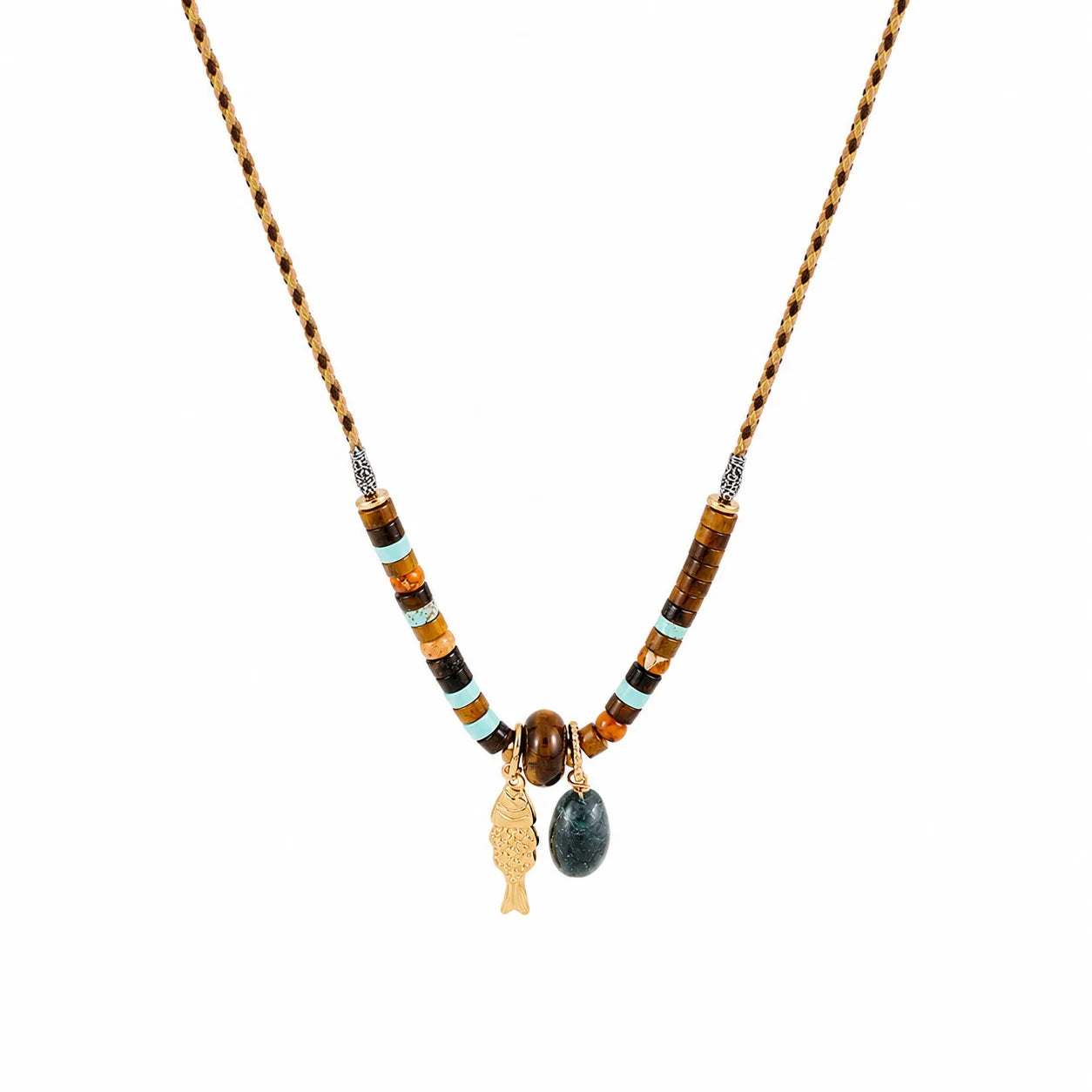 Unisex Tiger Eye Stone Braided Rope Golden Thread Blue Turquoise Necklace Fashion Trendy Factory Price in Stock Daily Jewelry