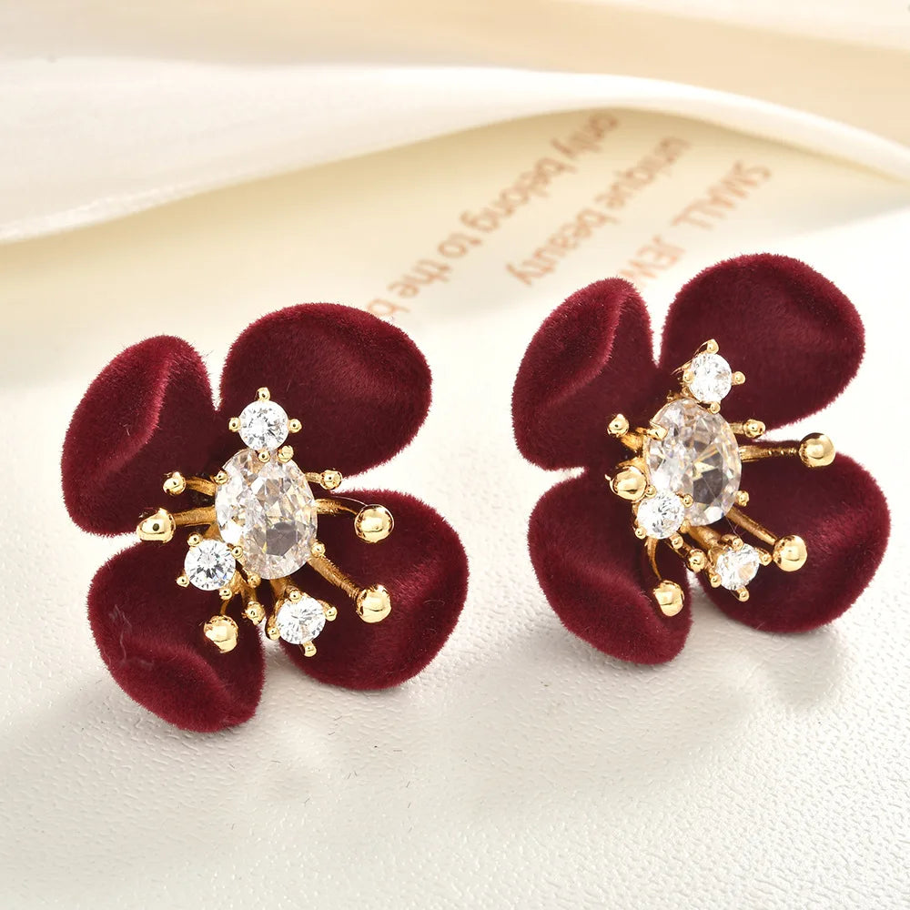 Retro Burgundy Flocked Flower Stud Earrings Ultra-Shiny Zircon-Inlaid Earrings Unique Design Elegant Ear Studs Autumn and Winter