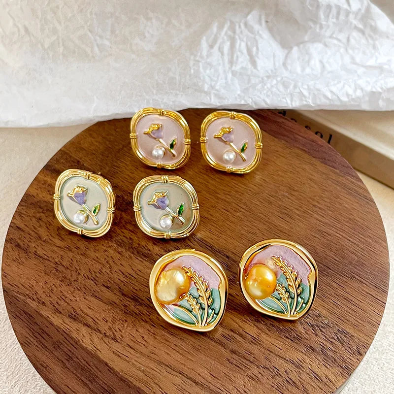 Fashion S925 Silver Freshwater Pearl Stud Earrings for Girls Sweet Flower Drip Glaze 18K Gold Jewelry for Women Ladies Wholesale