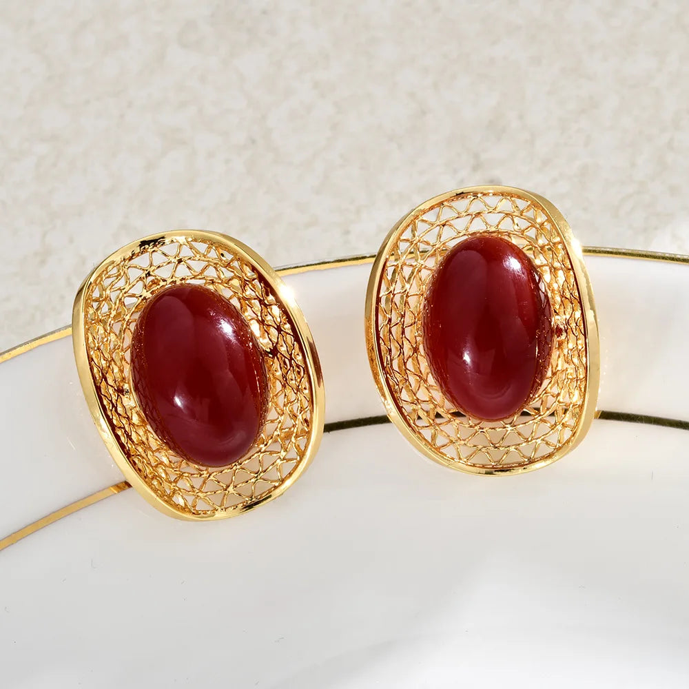 Trendy Retro Court Style Stud Earrings Red Oval Pearl Hollow-out Earrings Fashionable Personality Elegant Women's Ear Jewelry
