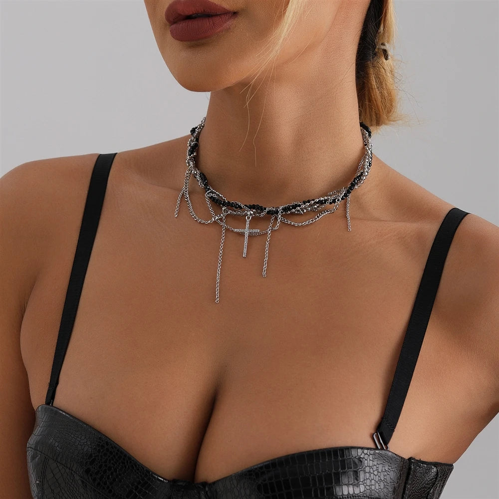 Fashion Trendy Sweet Beaded Cross Necklaces for Girls Glamorous Art Deco Simple Link Jewellry for Women Ladies Accessories