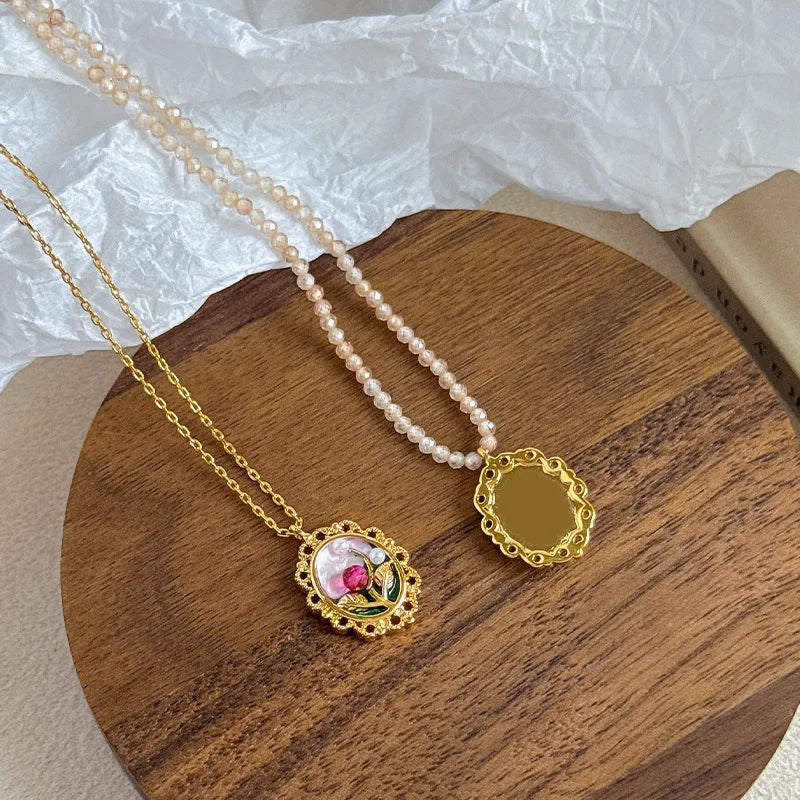 Female Flower 0.2cm Natural Stone Chain bar 18k Gold-plated Drip Glaze Hand-Painted Necklace Earring in Stock Jewelry for Daily