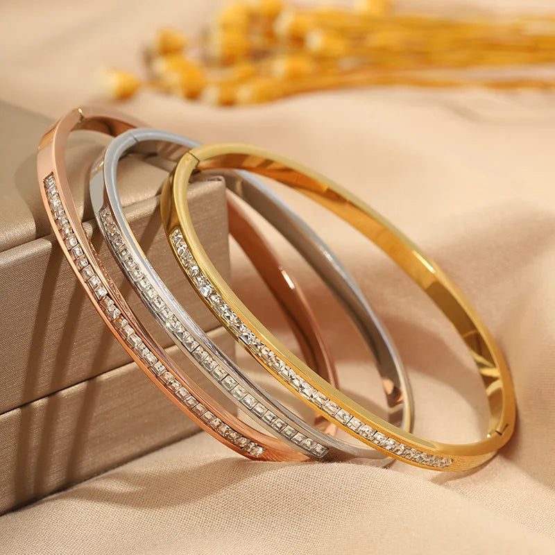 Women's Fashion Glitter Bangles Stainless Steel Trendy Zircon Bracelets Romantic Elegant Jewelry for Gift Accessories Wholesale