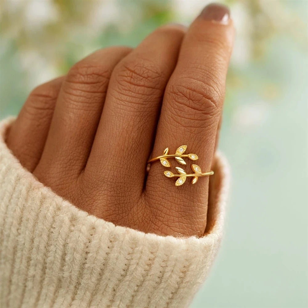 Fashionable Leaf Cross Rings for Women Zircon-encrusted Simple Leaf Open Rings Europe and America Trendy Accessories Wholesale