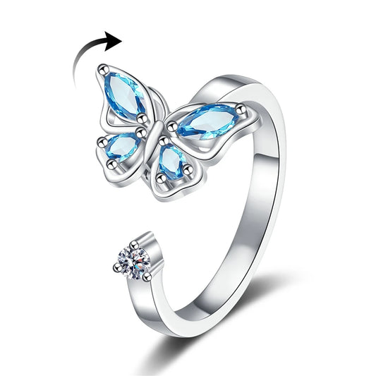Women's Rotating Opening Rings Blue Butterfly with Zircon Niche Simple Ring InstaStyle Jewelry Accessories Wholesale Hot Sale