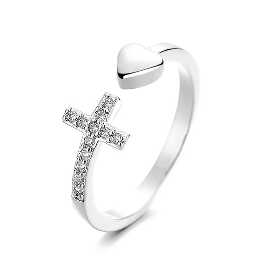 Zircon-encrusted Cross Heart-shaped Opening Rings for Women Couple Simple Rings Unisex in Stock Jewelry Accessories Wholesale