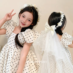 Cute Sweet Flower Tulle Bowknot Headband Glitter Imitation Pearl Hair Band Accessory for Baby Girls and Kids
