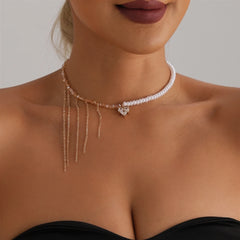Fashion Tassel Heart Shaped Imitation Pearl Glitter Necklaces for Girls Sweet Elegant Jewelry for Women Ladies Accessories