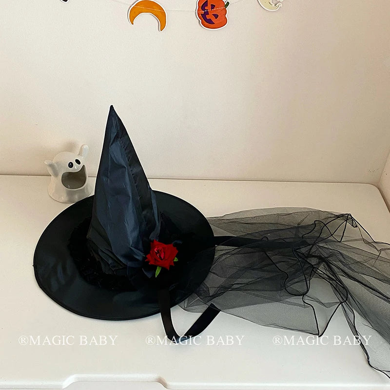 Halloween Witch Hat Pumpkin Bow Rose Elegant Gothic Headwear for Baby Girls Spooky Party Costume Accessories Vintage Style Decor