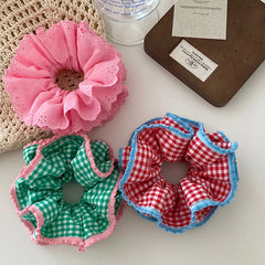 Hot Sale Girls Solid Color Grid Large Hair Ties Ponytail Holder Durable Elastic Fashion Sweet Scrunchies Accessories for Kids