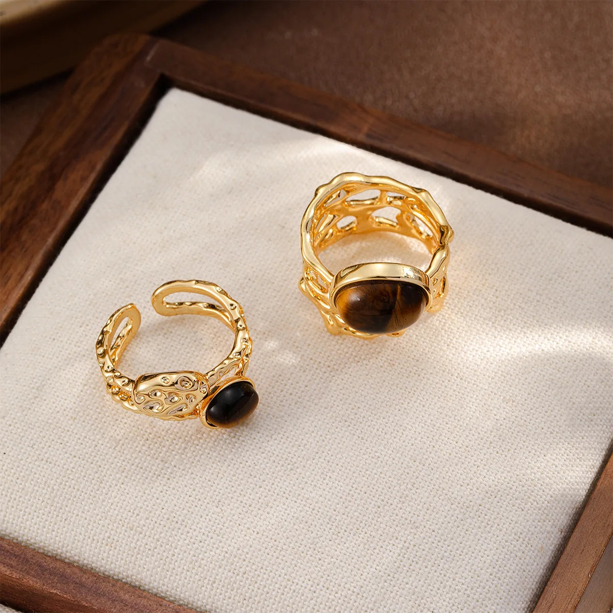 Fashion Tiger Eye Stone Copper 18K Gold Freshwater Pearl Rings for Girls Trendy Cubic Zirconia Jewelry for Women Lady Wholesale