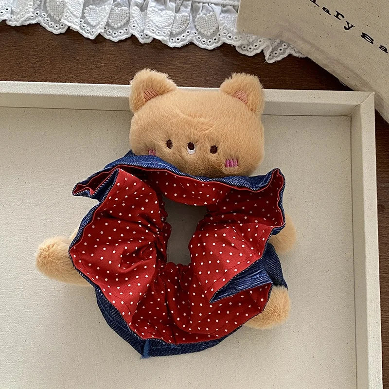 Fashion Animals Bear Polka Dot Scrunchies for Baby Girls Cute Sweet Hair Ties for Kids Children Hair Accessories in Stock