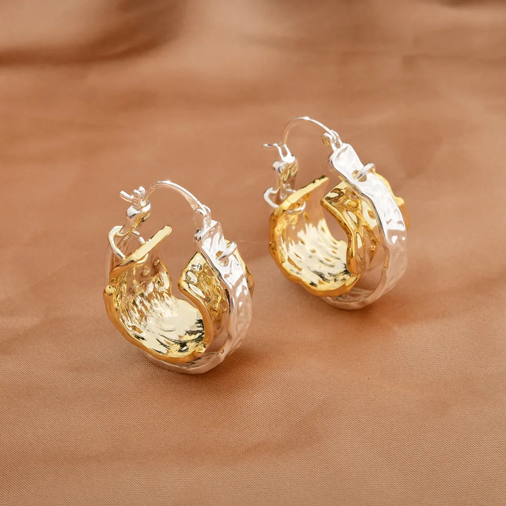 Metal Hammered Hoop Earrings Gold Silver Plated Irregular Wavy Double Layer Chunky Statement Jewelry Women Accessories Wholesale
