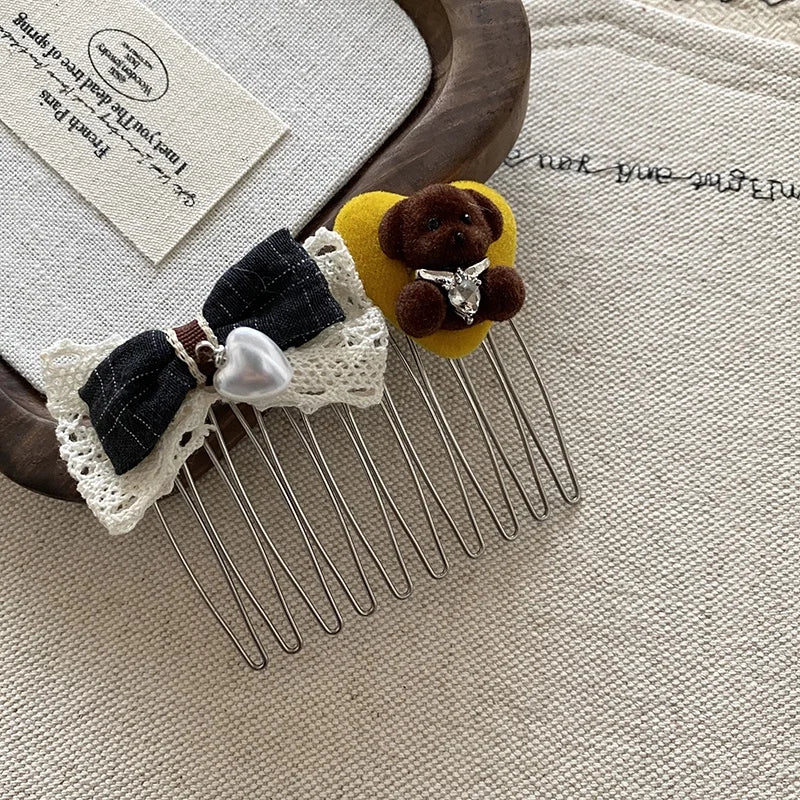 Cute Sweet Hair Clips Little Bear Knitted Bowknot Comb Hair Clips for Women Girls Ladies Fashion Hair Accessories Wholesale New