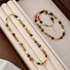 Women Copper Beads Tiger Picture Stone Shell Beads Necklace Maillard Style Vintage Fashion in Stock Jewelry for Female Causal