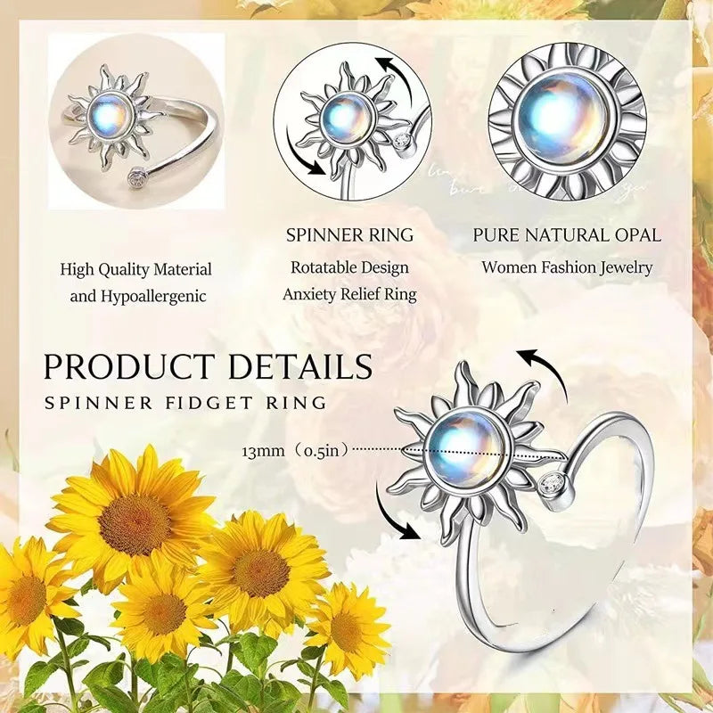 Rotatable Sunflower Moonstone Rings Women's Simple Versatile Design Adjustable Rings Romantic Trendy Jewelry Accessory Wholesale