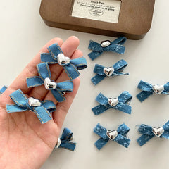 Cute Sweet Fashion Bowknot Denim Heart Shaped Hair Clips for Baby Girls Chic Alligators for Kids Children Hair Accessories
