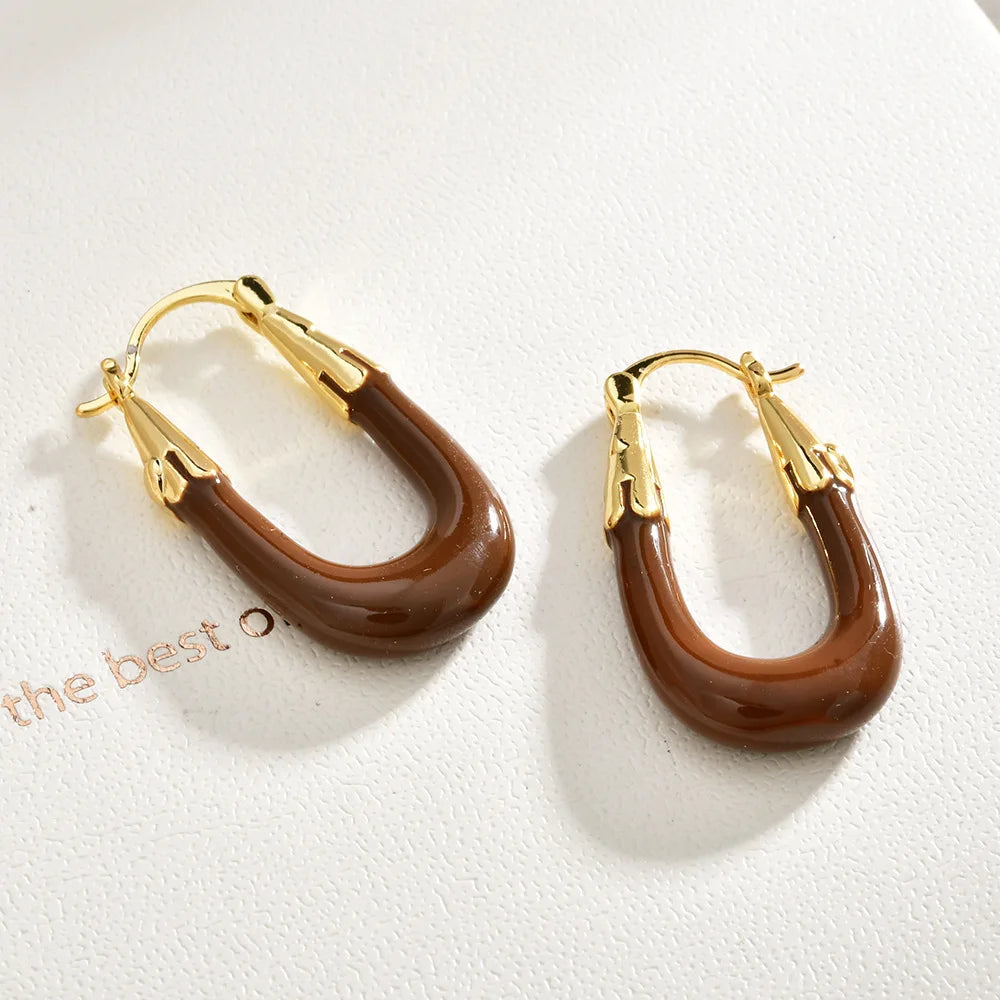 French Geometric Ear Buckles Solid Colors Wine Red Oil-Dripping U-Shaped Earrings Casual Elegant Fashion Earrings Women Bulk