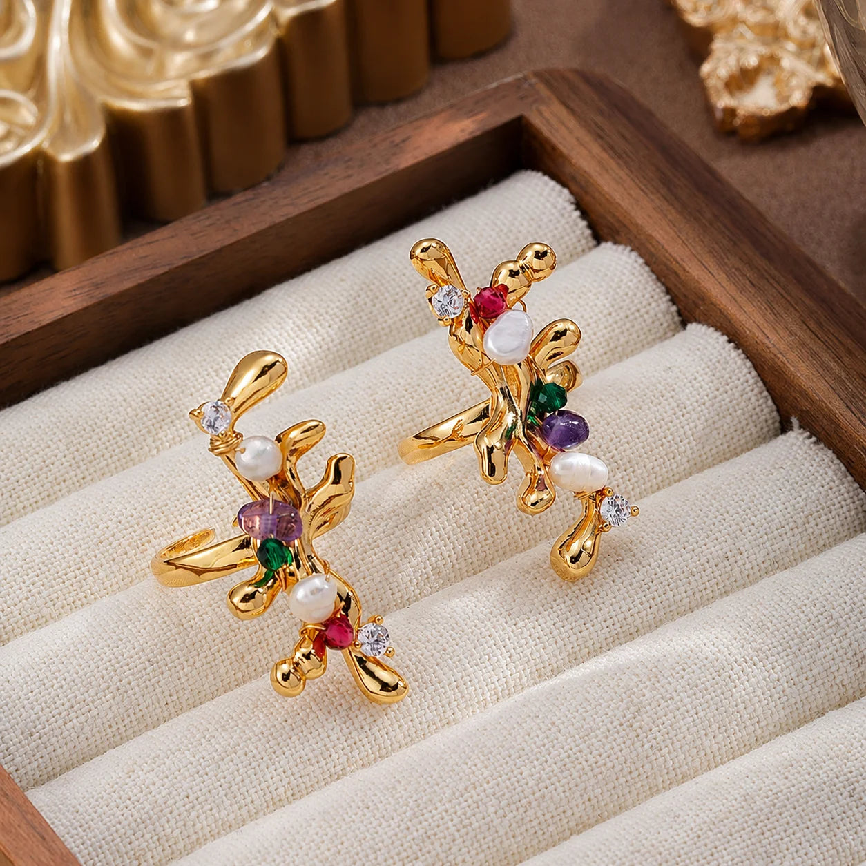 Women Purple Crystal Stone Rose Red Green Zircon Freshwater Pearl Open Rings Elegant Fashion Glitter in Stock Jewelry for Female