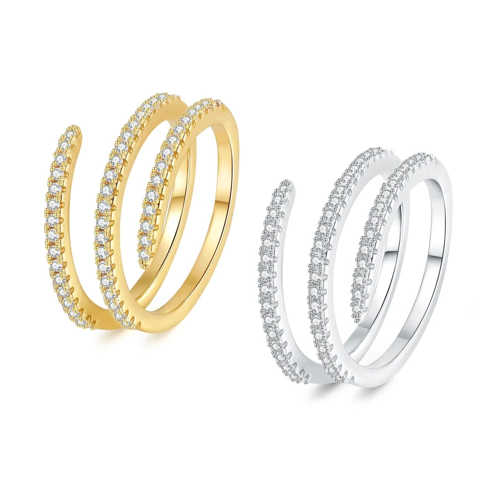 Double Layer Open Ring for Women Adjustable Spiral Band with Cubic Zirconia Light Luxury Elegant Fashion Jewelry Gift Wholesale