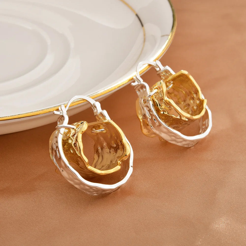 Metal Hammered Hoop Earrings Gold Silver Plated Irregular Wavy Double Layer Chunky Statement Jewelry Women Accessories Wholesale