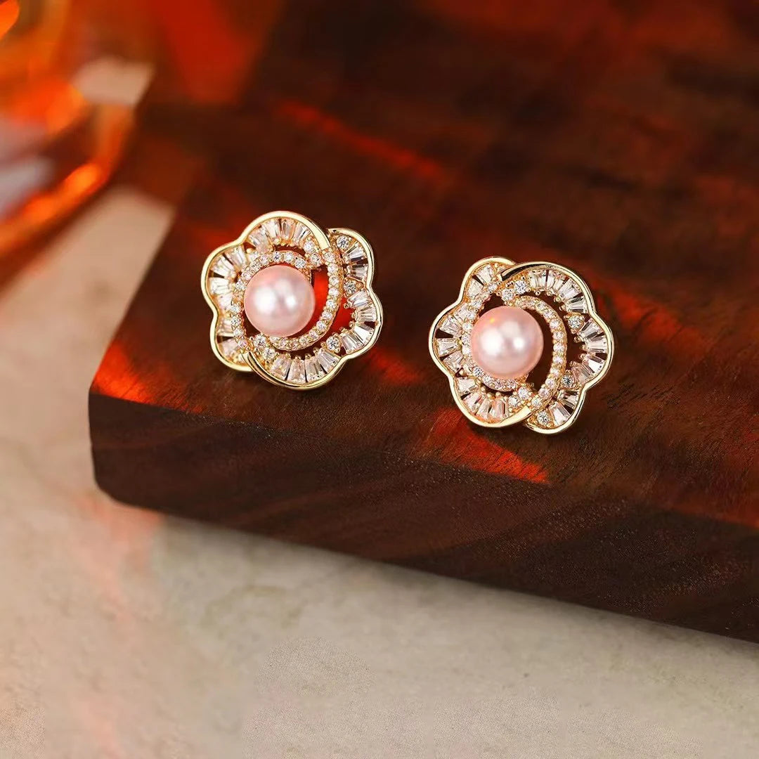 Fashion Trendy Flower Glitter Stud Earrings for Girls Sweet Elegant Luxury Adorable Jewellry for Women Ladies Accessories Chic