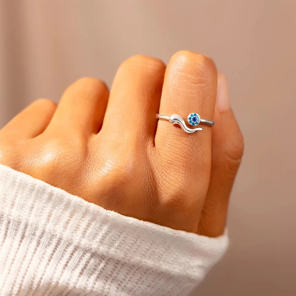 Ins Minimalist Evil's Eye Ring for Women Tiny Zircon and Geometric Opening Finger Rings Simple Fashionable Style Jewelry Bulk