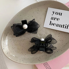 Hot Sale Elegant Small Hair Claw Clips for Women Black Solid Color Imitation Pearl Bowknot Hairpins Fashion Accessory for Daily