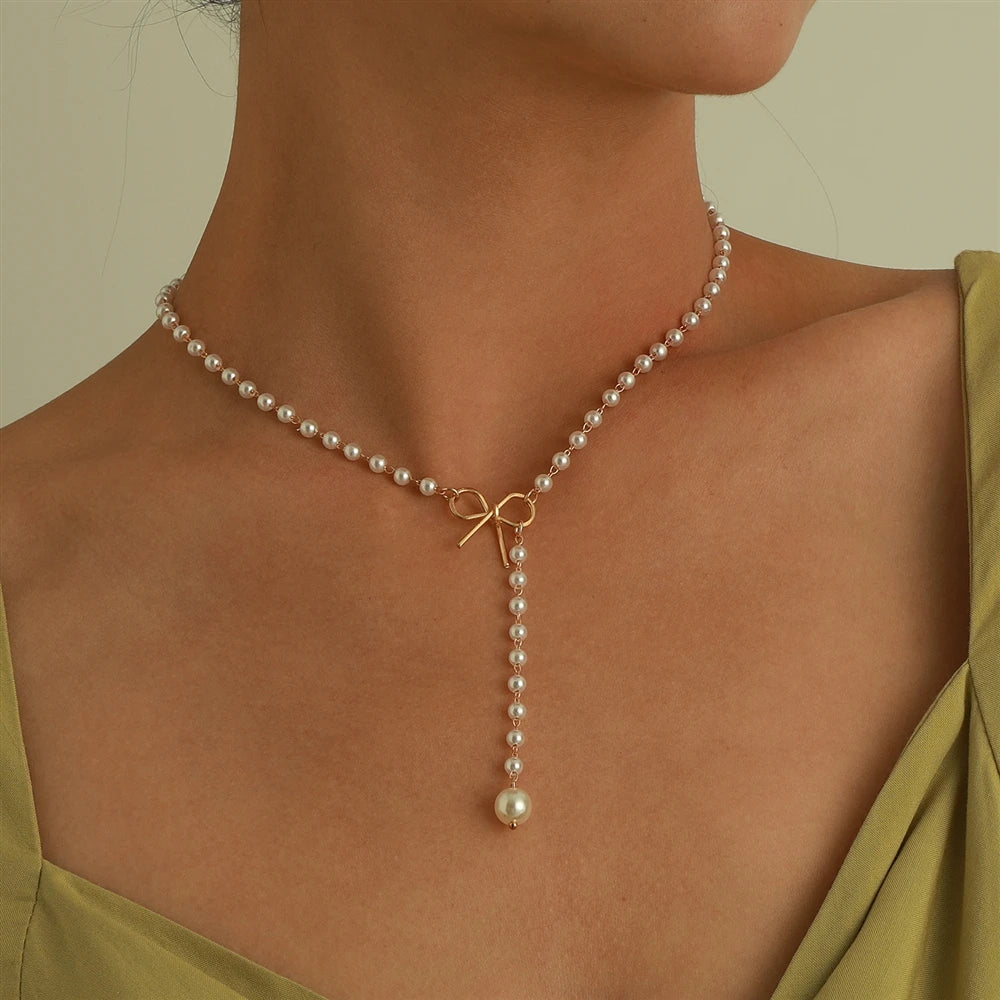 Fashion French Style Imitation Pearl Simple Necklaces for Girls Elegant Trendy Glamorous Jewellry for Women Ladies Accessories