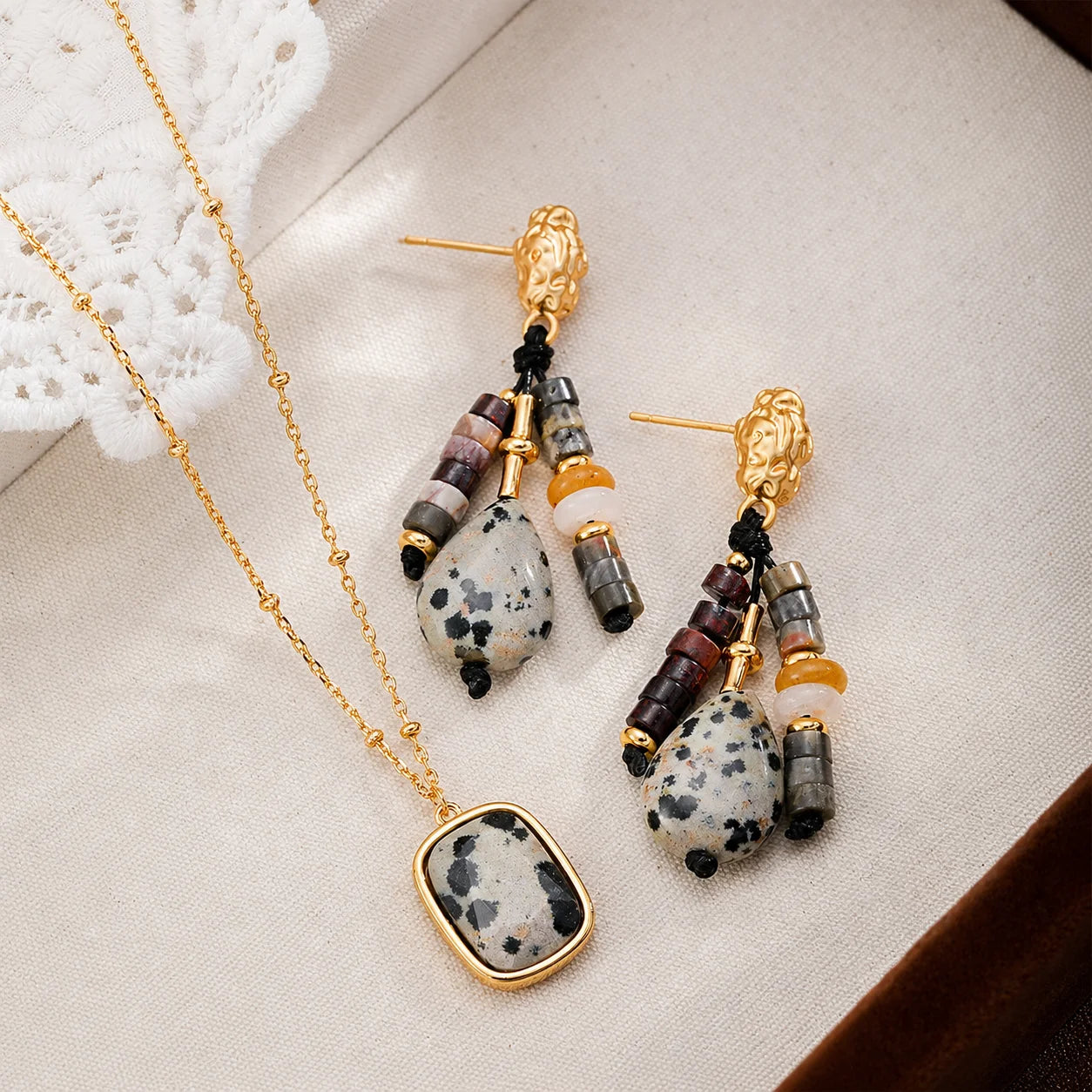 Female Dotted Stone 18k Gold-plated Necklace Picasso Separated Beads Drop Earring Charms Fashion in Stock Causal Jewelry Sets