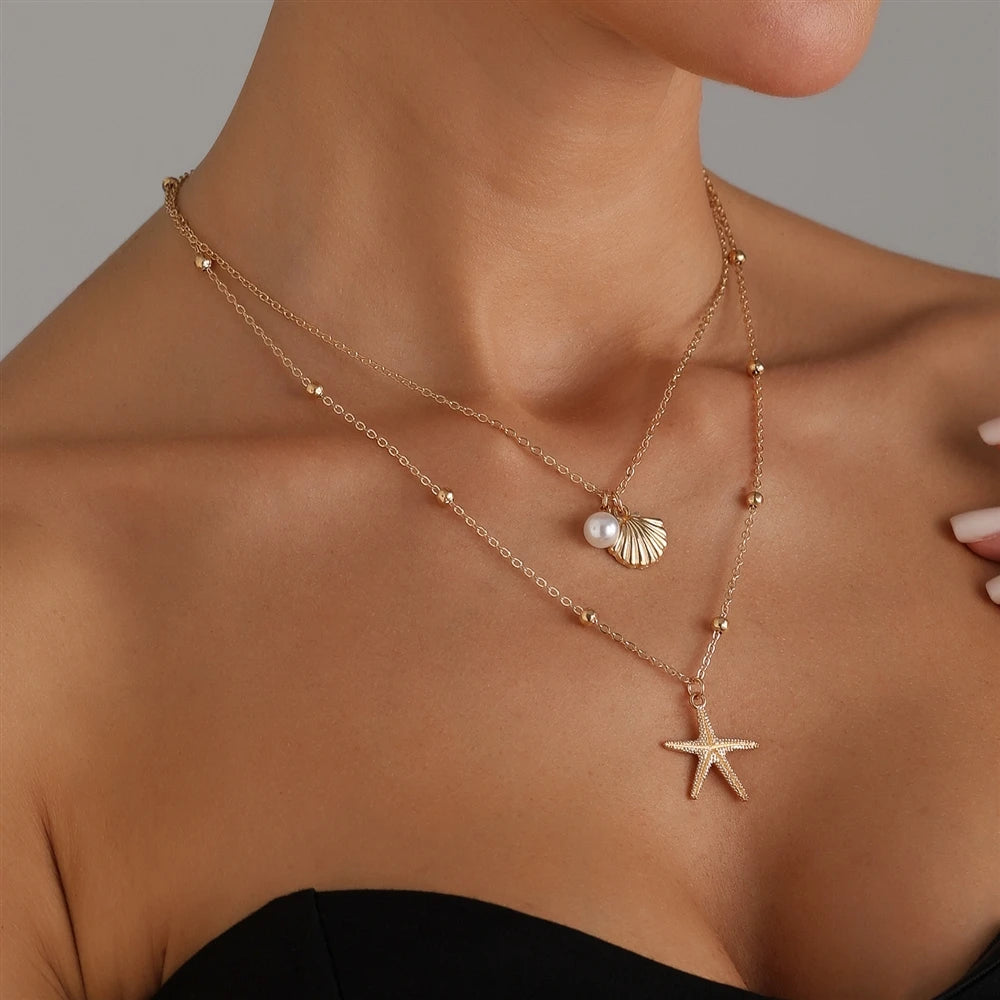 Fashion Layered Wearing Sweater Chain Necklaces for Girls Sweet Sea Ocean Elegant Jewelry for Women Ladies Accessories Wholesale