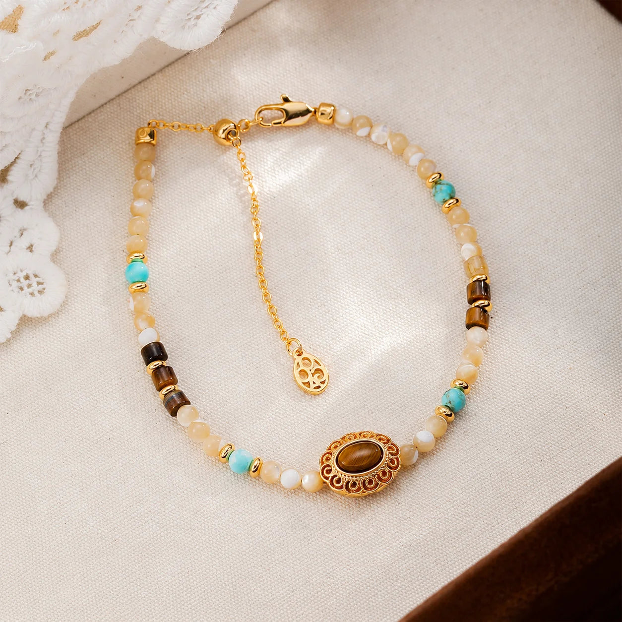 Fashion Shell Tiger Eye Stone Blue Turquoise Copper Jewelry Sets for Girls Vintage Necklaces Bracelets for Women Lady Wholesale