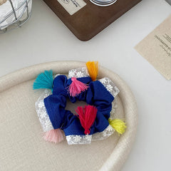 Girls Tassels Balls Decorative Solid Color Large Hair Ties Sweet Ethnic Fashion Ponytail Holder Scrunchies Accessories for Kids