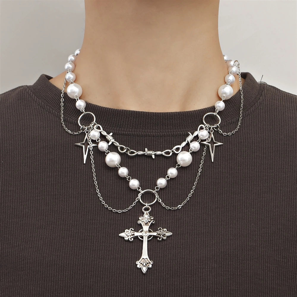 European and American Fashion Cross Jewelry Necklaces Double-Layer Highlight Pearl Tassel Cross Star Necklace Female Chic