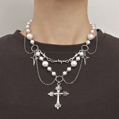 European and American Fashion Cross Jewelry Necklaces Double-Layer Highlight Pearl Tassel Cross Star Necklace Female Chic