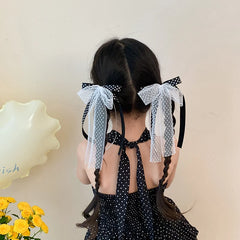 Girls Black White Ribbon Bowknot Small Scrunchies Ponytail Holder Elegant Fashion in Stock Hair Ties for Children Kids Daily Use