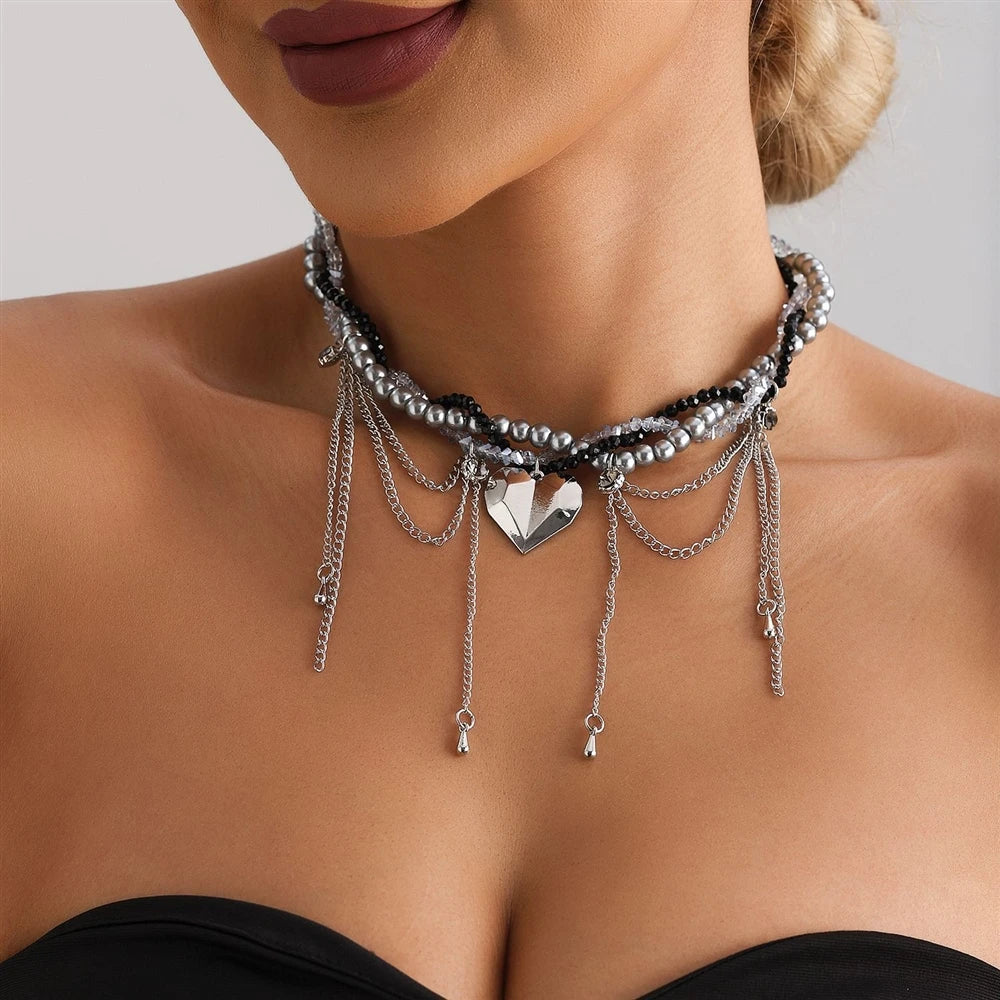 Fashion Tassel Layered Wearing Heart Necklaces for Girls Sweet Cute Glamorous Charms Jewellry for Women Ladies Accessories