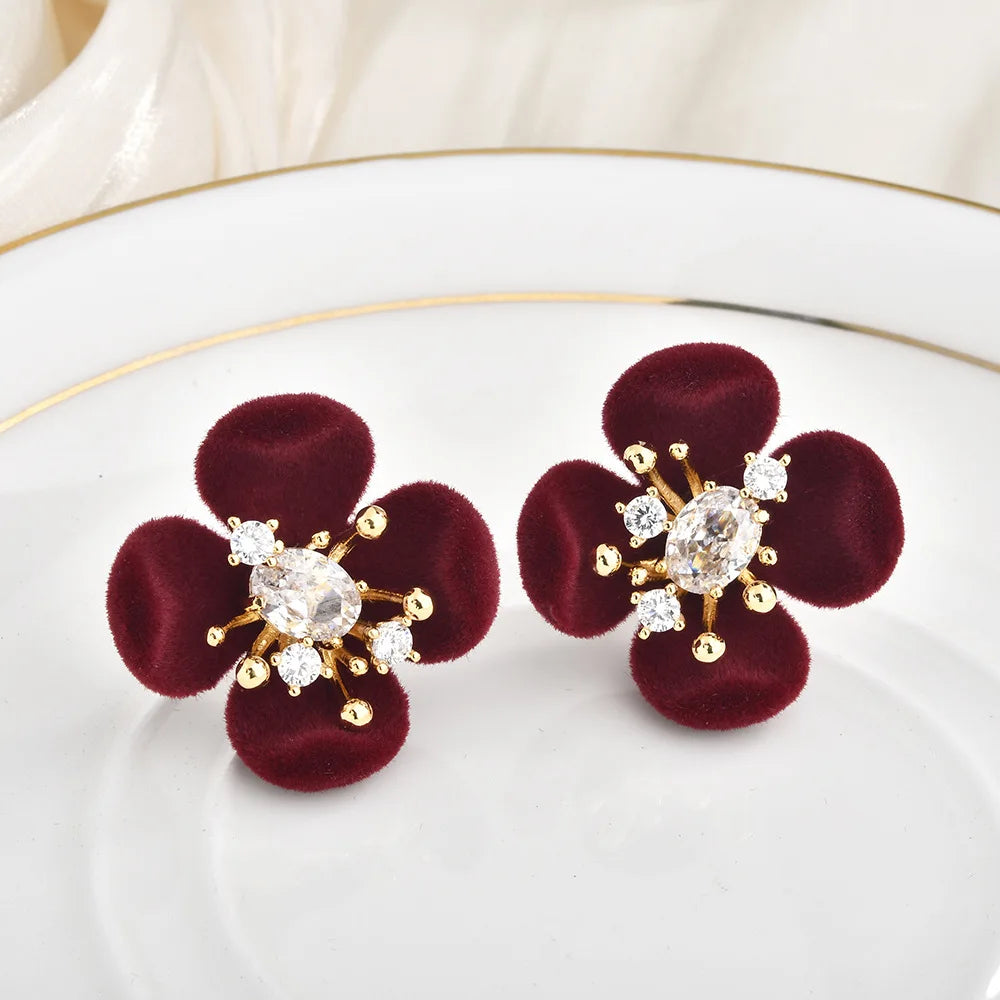 Retro Burgundy Flocked Flower Stud Earrings Ultra-Shiny Zircon-Inlaid Earrings Unique Design Elegant Ear Studs Autumn and Winter