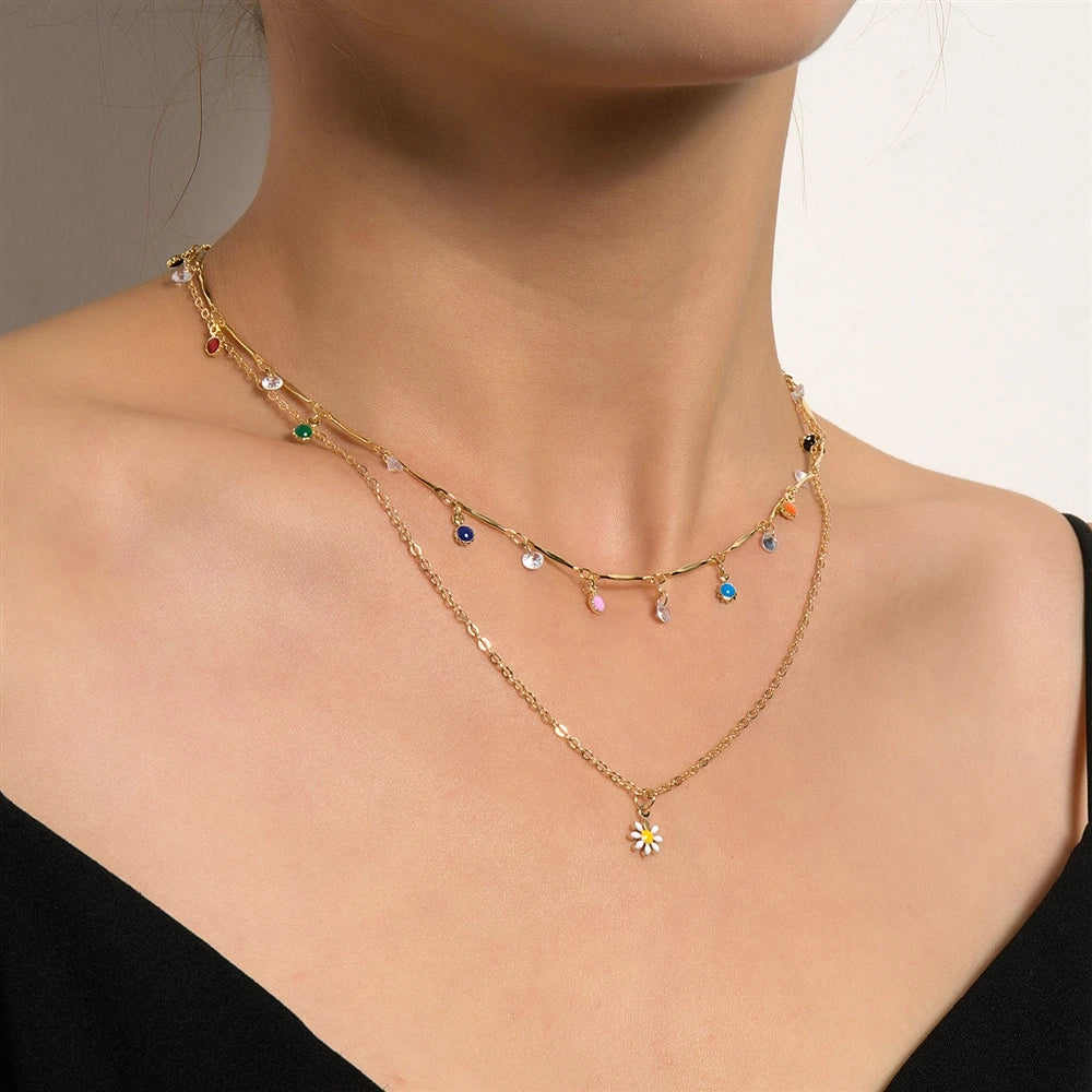 Fashion Layered Wearing Colorful Flower Floral Necklaces for Girls Sweet Elegant Glamorous Jewelry for Women Ladies Accessories