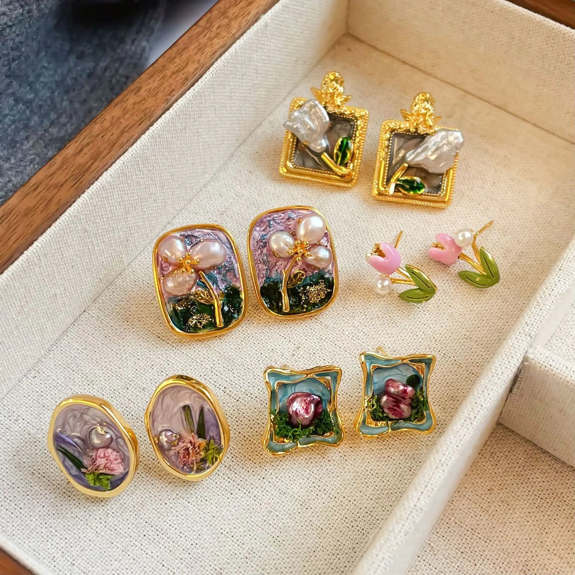 Fashion Freshwater Pearl Hand-Painted Drip Glaze Stud Earrings for Girls Dainty S925 Silver Jewelry for Women Ladies Wholesale