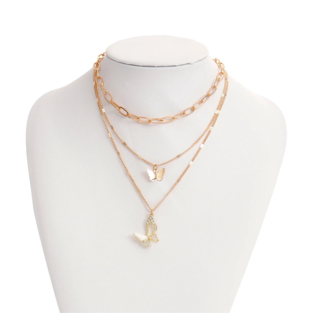 Fashion Sweet Butterfly Trendy Layered Wearing Necklaces for Girls Elegant Graceful Charms Jewelry for Women Ladies Accessories