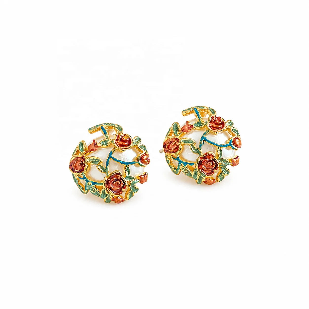 Women Vintage Flower S925 Silver 18k Gold-plated Copper Stud Earring Factory Price Trendy Hand-Painted Drip Glaze Jewelry