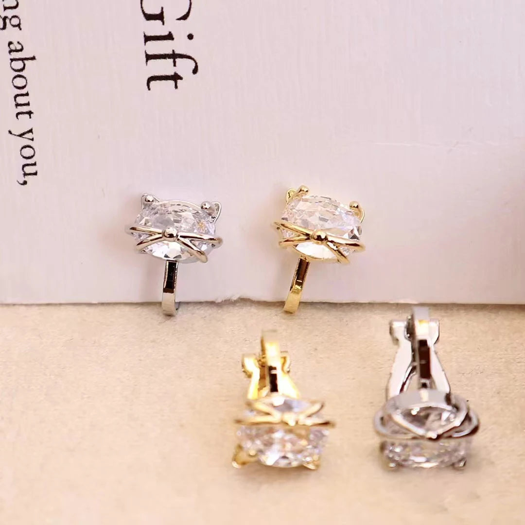 Ladies Cat Shape Imitation Pearl Small Clip-on Earring Sparking Glitter Fashion Cute Wholesale High Quality Jewelry Accessories