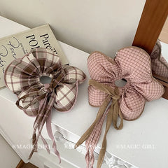 Fashion Brown Plaid Elegant Flower Scrunchies for Girls Trendy Stylish Ribbon Hair Ties for Women Ladies Hair Accessories Chic